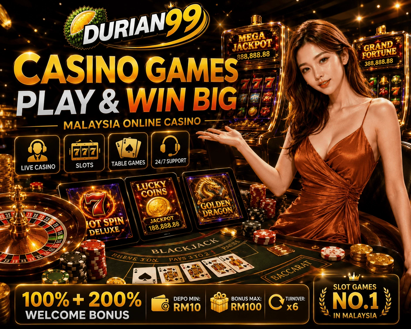 durian99 Malaysia casino lobby durian99 black-gold casino lobby with roulette, cards, chips and mobile casino navigation